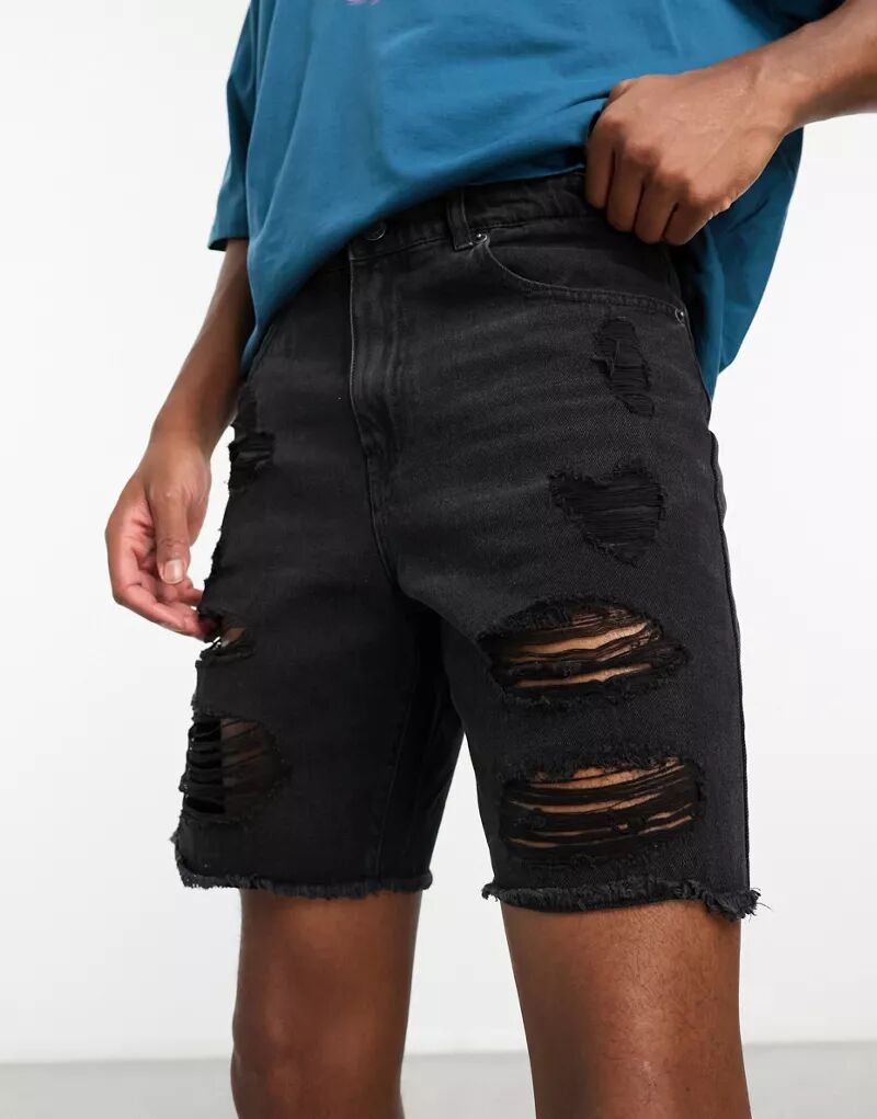 Черные джинсовые шорты широкого кроя ADPT с потертыми деталями