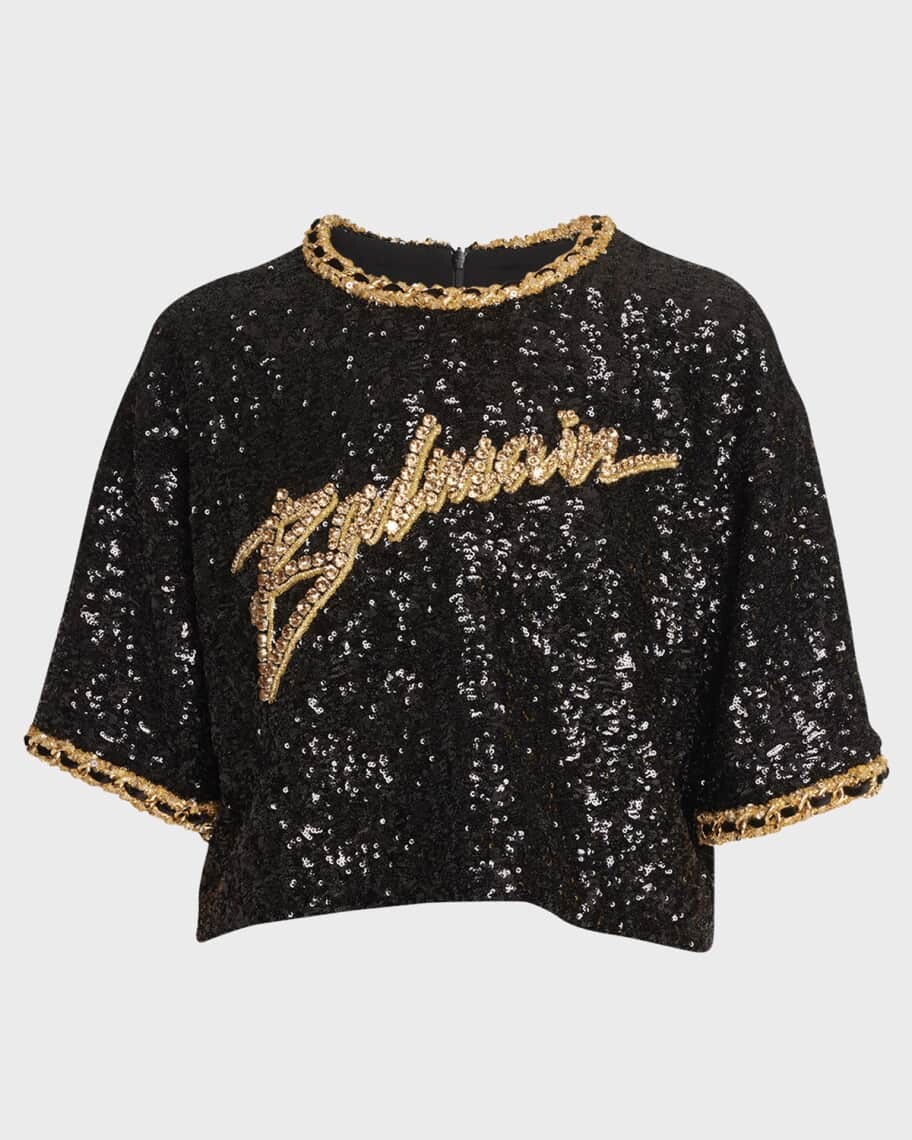 

Топ с короткими рукавами и вышитым логотипом с пайетками Balmain
