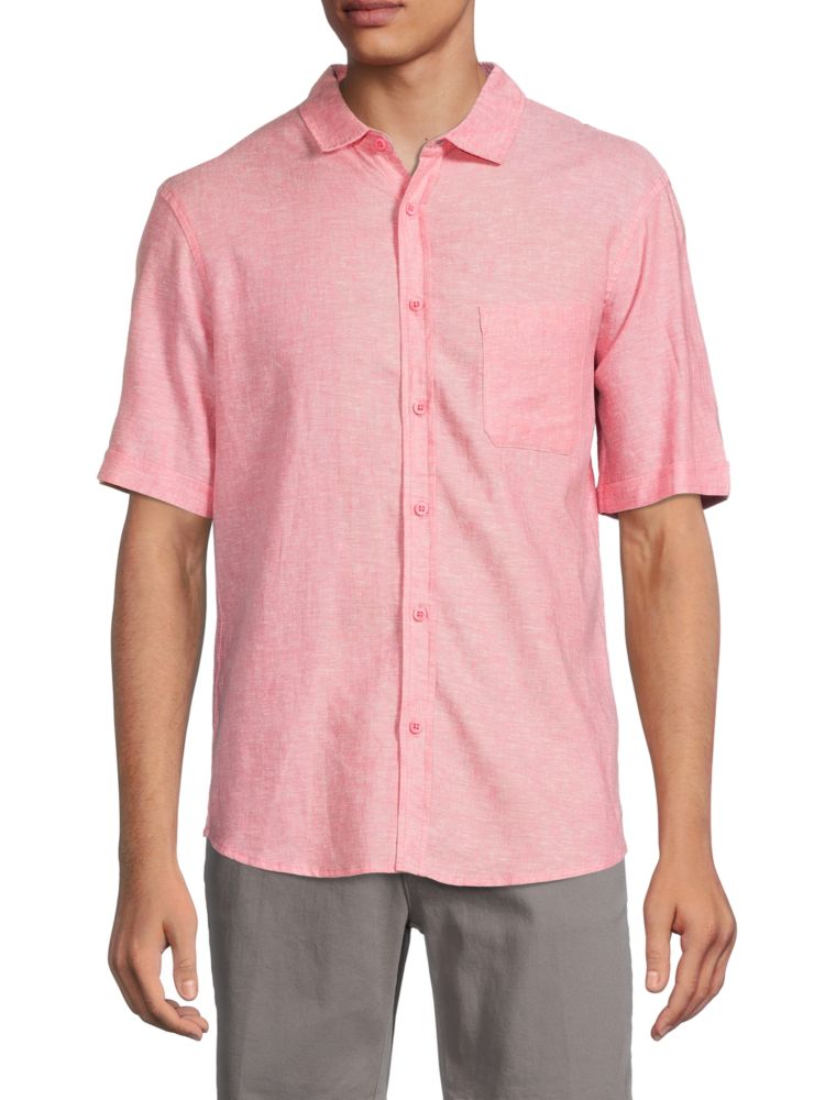 Рубашка на пуговицах с короткими рукавами из смесового льна Saks Fifth Avenue, коралл