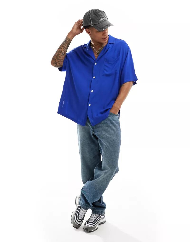Кобальтово-синяя оверсайз-рубашка для боулинга с короткими рукавами ASOS