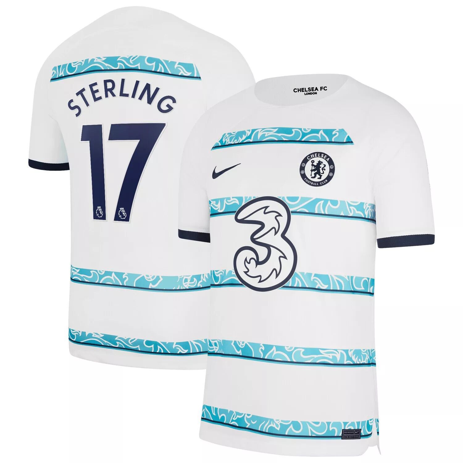 

Мужская футболка Raheem Sterling White Chelsea 2022/23, реплика игрока на выездном стадионе Breathe Stadium Nike