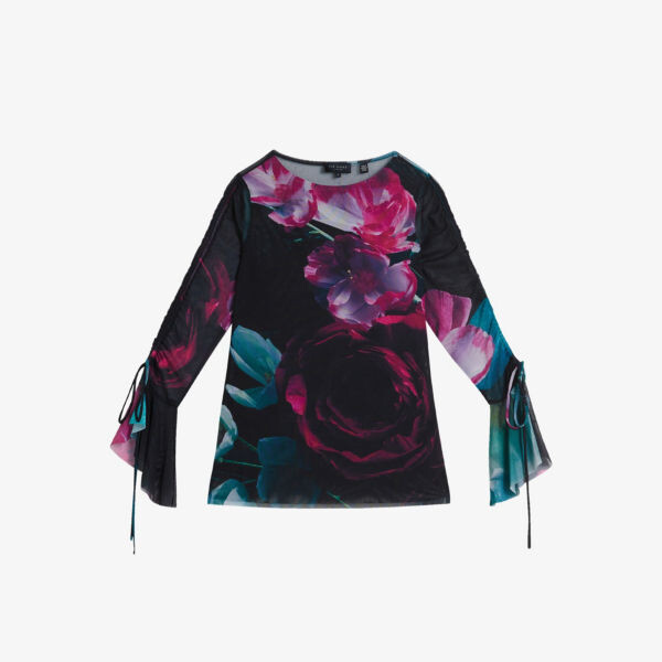 

Топ из эластичной сетки Catyela с рифлеными рукавами и цветочным принтом Ted Baker, черный
