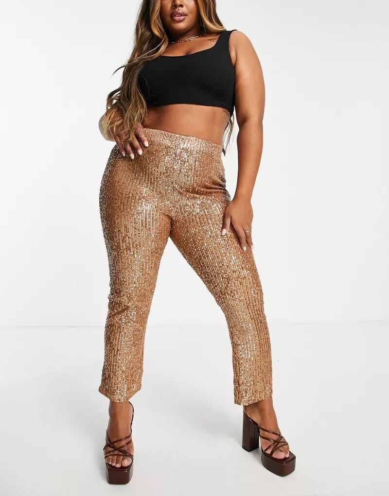 

Расклешенные костюмные брюки из джерси с пайетками ASOS Curve розового золота