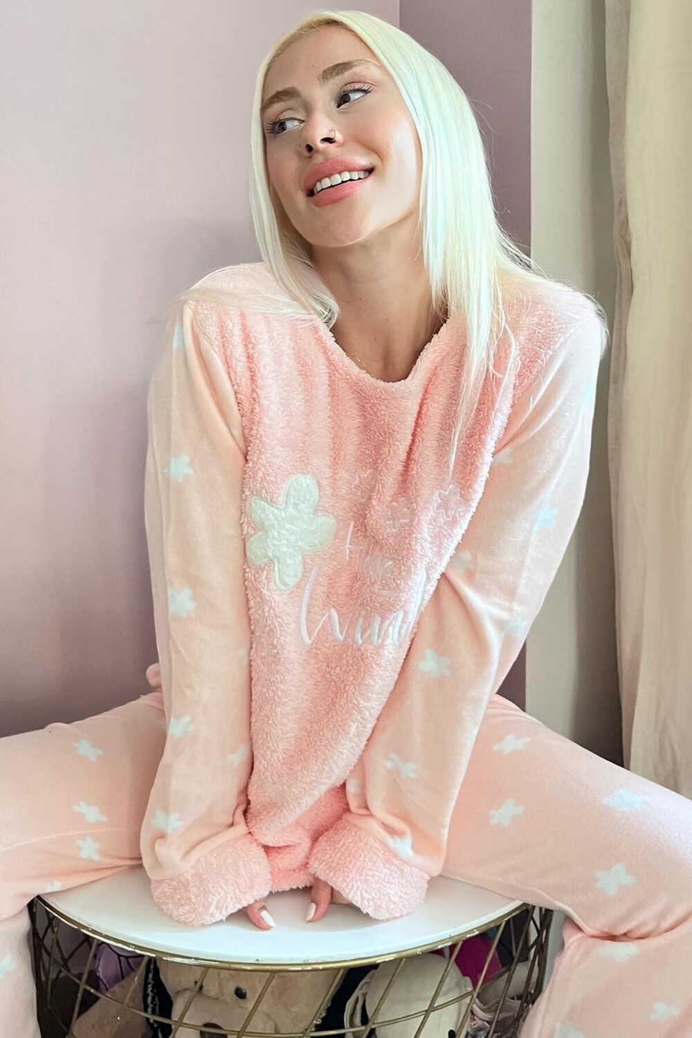 

Женский плюшевый пижамный комплект с рисунком Salmon Hello Winter Pijamaevi, розовый