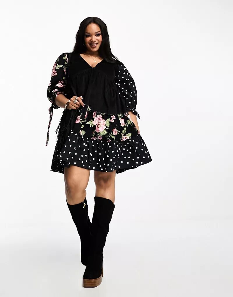 

Укороченное платье в стиле бэби-долл ASOS DESIGN Curve из вельвета и твила со смешанным принтом