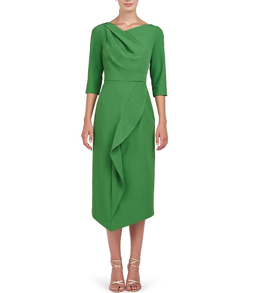 Платье миди Kay Unger из эластичного крепа с асимметричным вырезом, рукавами 3/4 и оборками спереди, зеленый