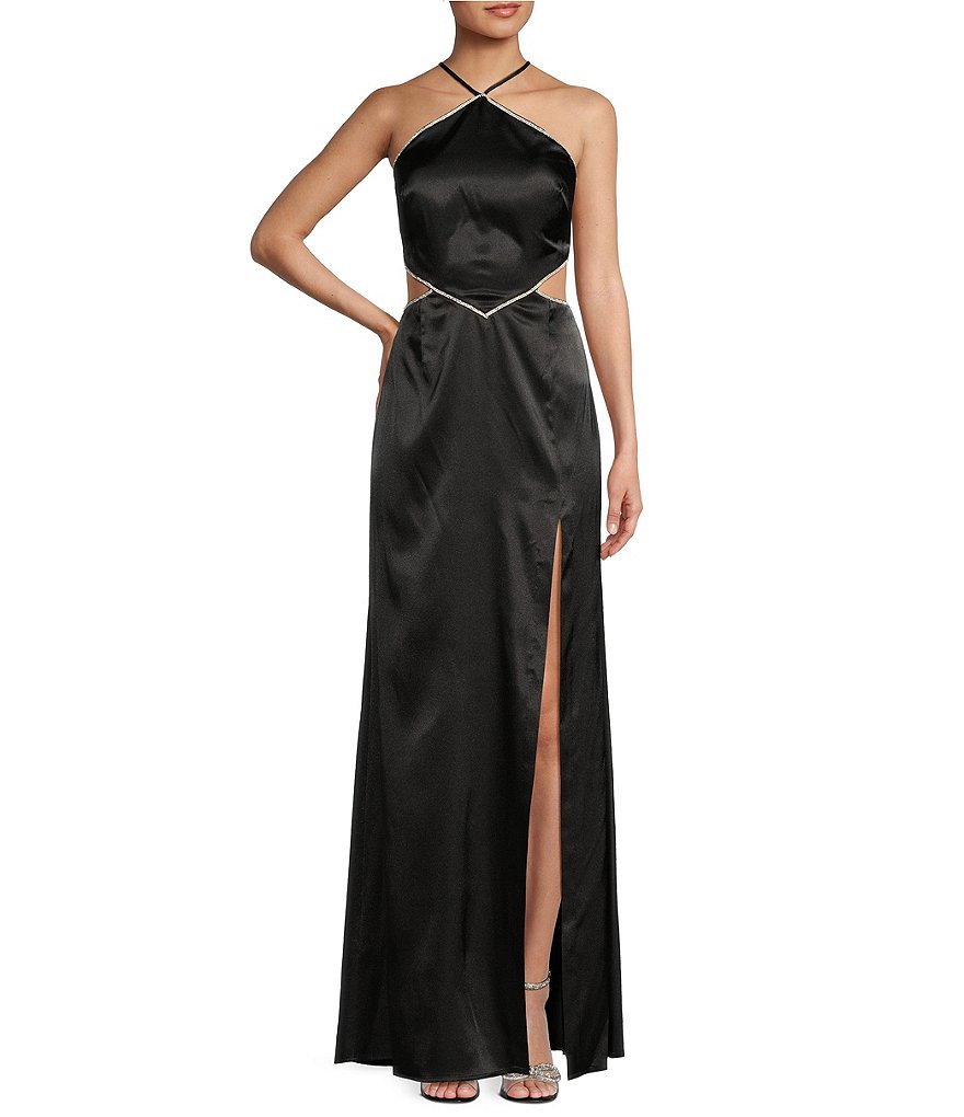 Длинное платье с атласной отделкой со стразами Morgan & Co., черный