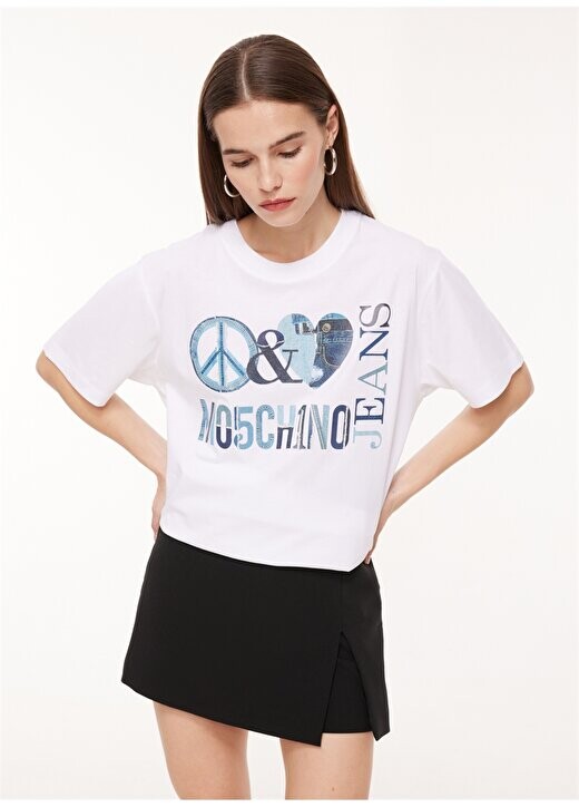 

Белая женская футболка с круглым вырезом с принтом A0704 Moschino Jeans, белый