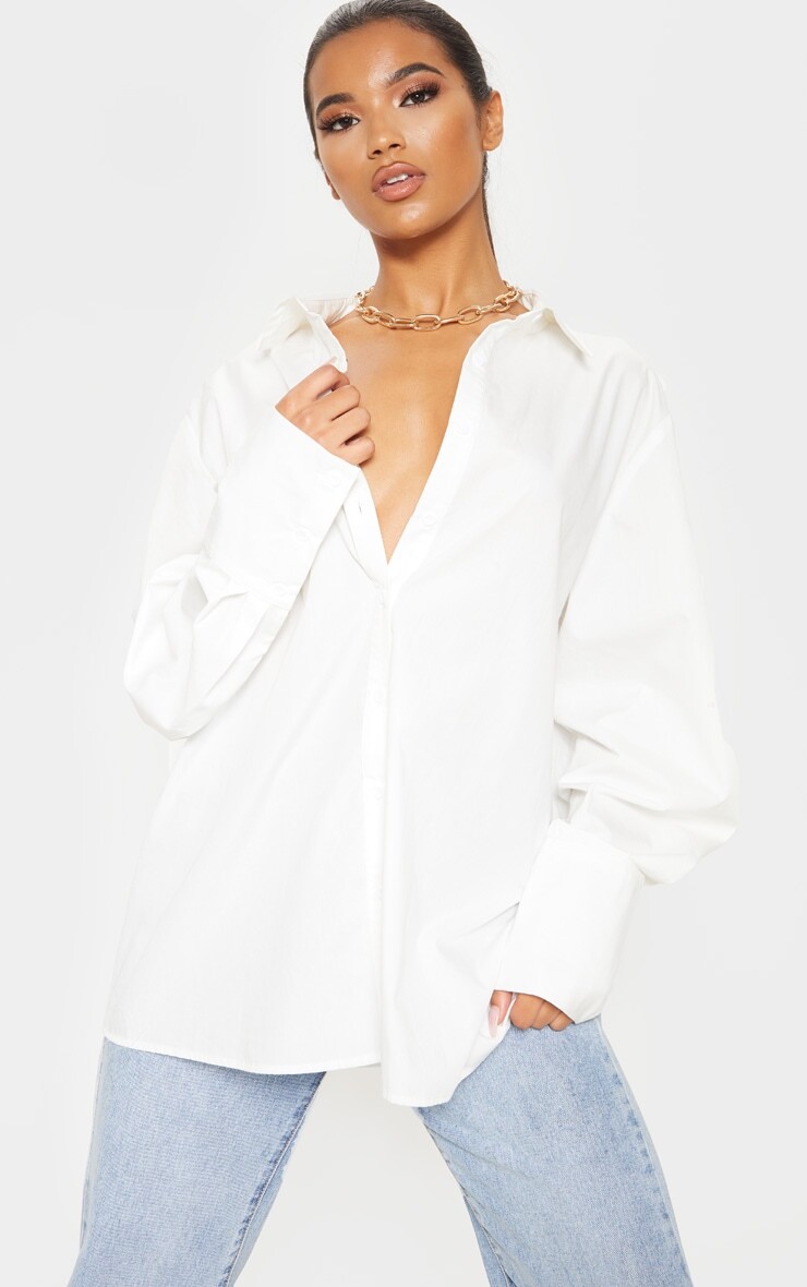 

PrettyLittleThing Белая рубашка из поплина с манжетами оверсайз