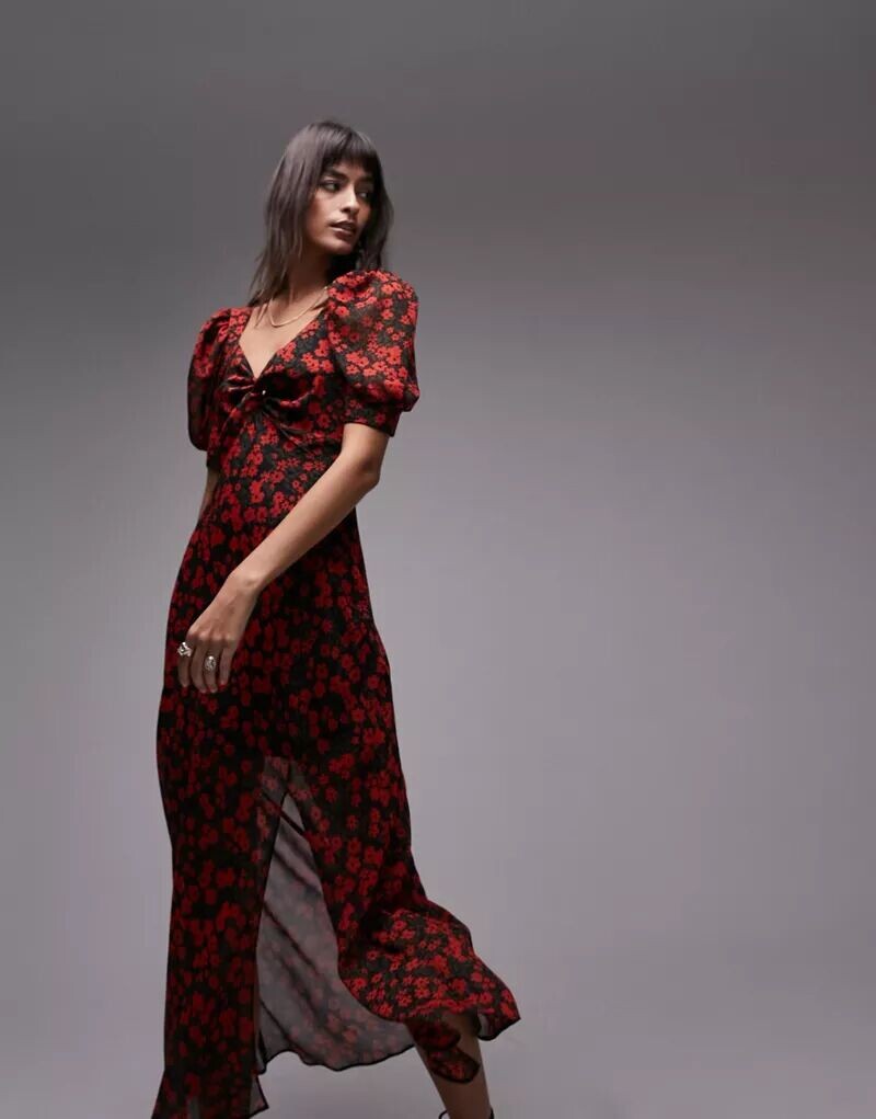 

Асимметричное красное платье макси Topshop с объемными рукавами и узором