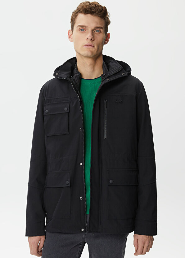 

Черное мужское пальто с капюшоном и принтом Lacoste, Черный