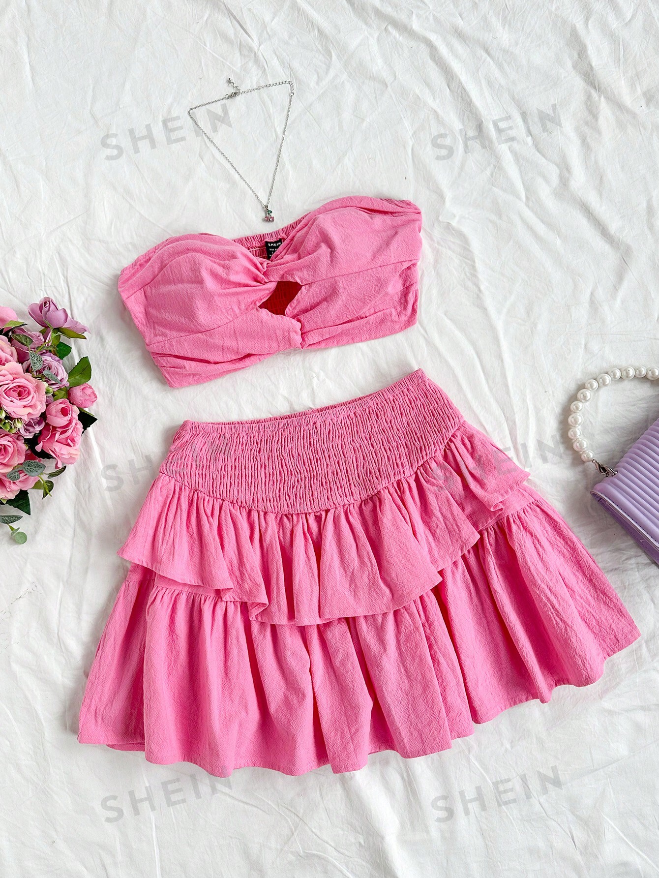 SHEIN WYWH Топ-бандо с закручивающейся передней частью и юбка-трапеция с высокой талией, розовый