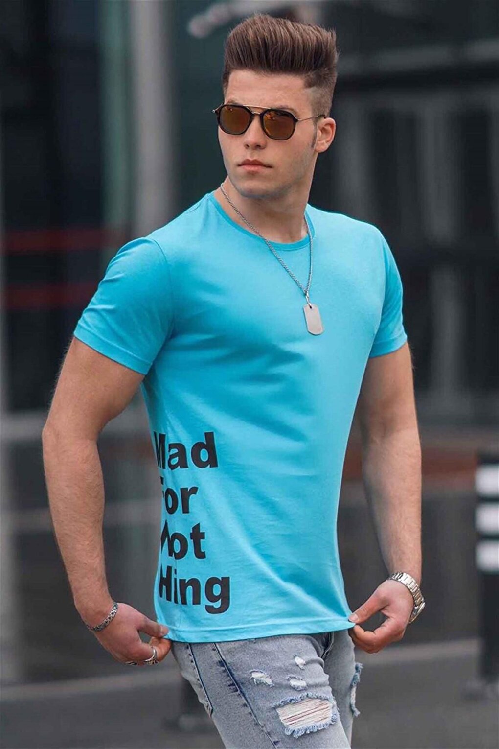 цена Синяя мужская футболка с принтом 4553 MADMEXT