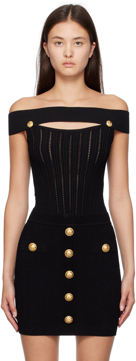

Черное боди с открытыми плечами Balmain