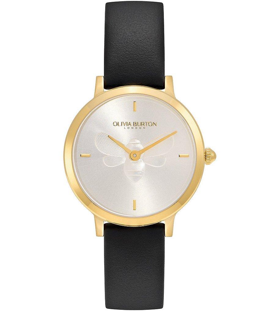 цена Женские ультра кварцевые часы Olivia Burton с черным кожаным ремешком Bee, черный