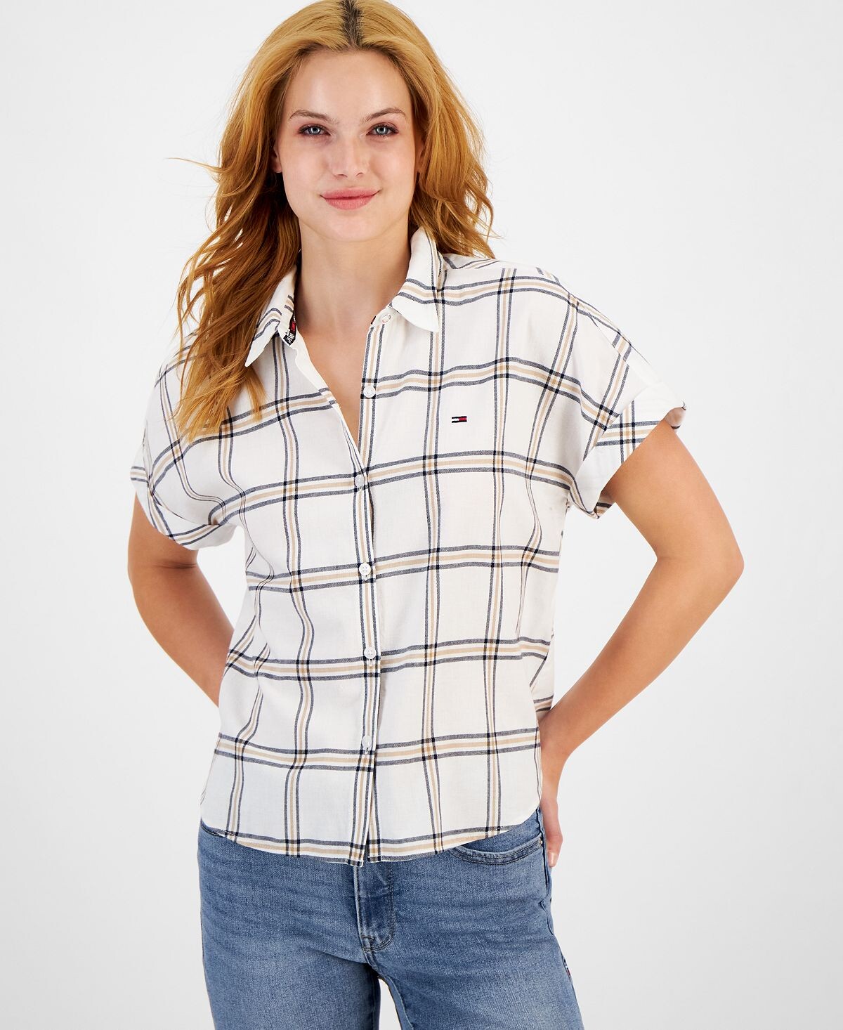

Женская хлопковая рубашка с короткими рукавами и манжетами Tommy Jeans