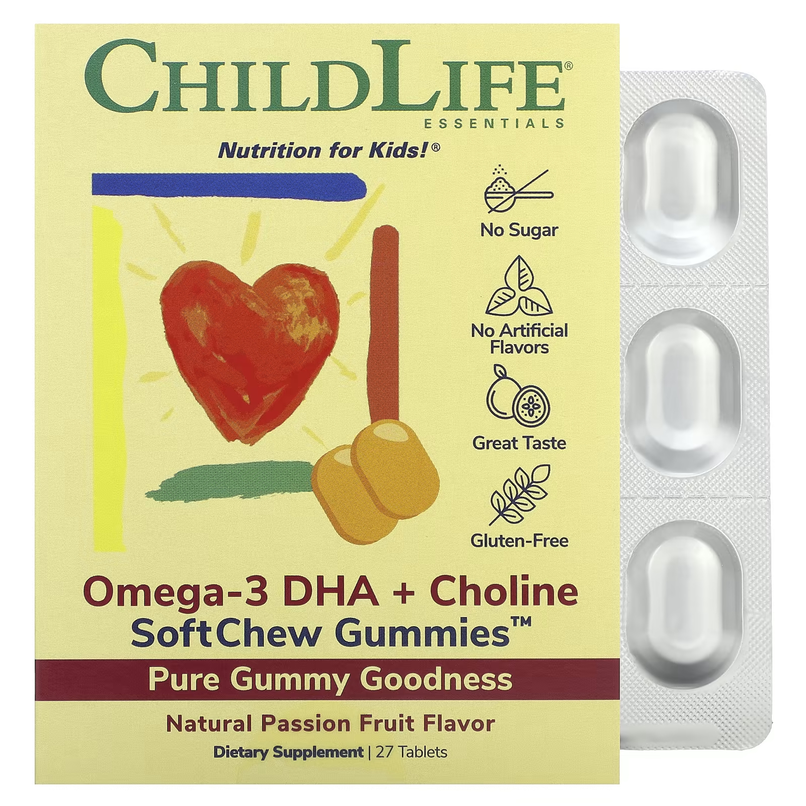 Essentials Omega-3 DHA + холин SoftChew Gummies Маракуйя, 27 таблеток ChildLife Essentials kids elderberry super immune softchew gummies natural berry 27 таблеток childlife essentials