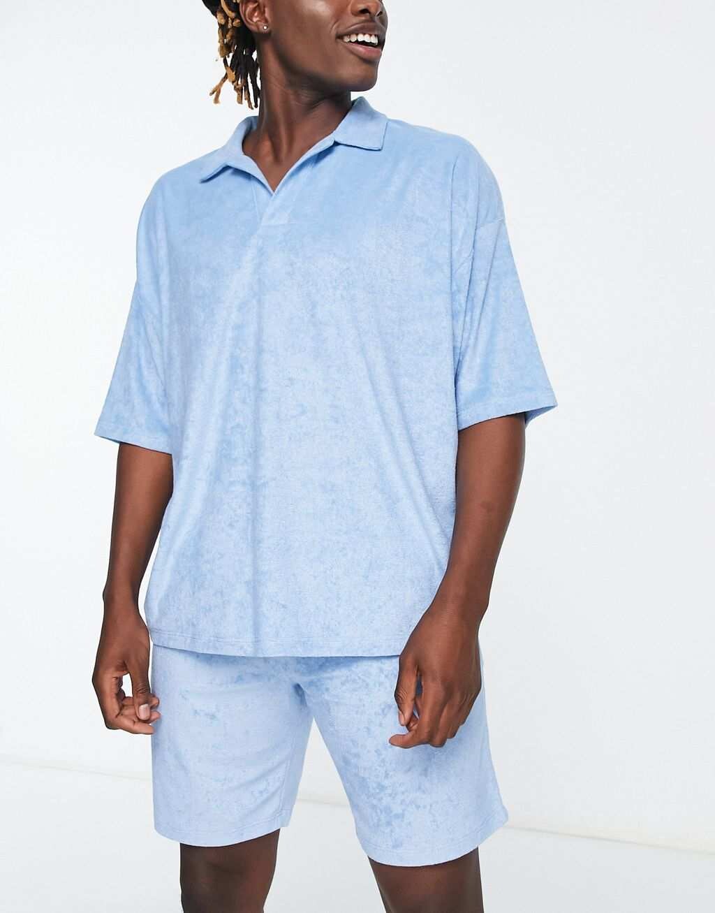 

Синий пижамный комплект из рубашки и шорт ASOS DESIGN