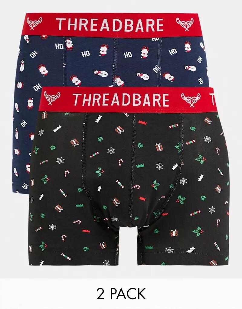 

Набор из двух черных и темно-синих плавок с рождественским принтом Threadbare