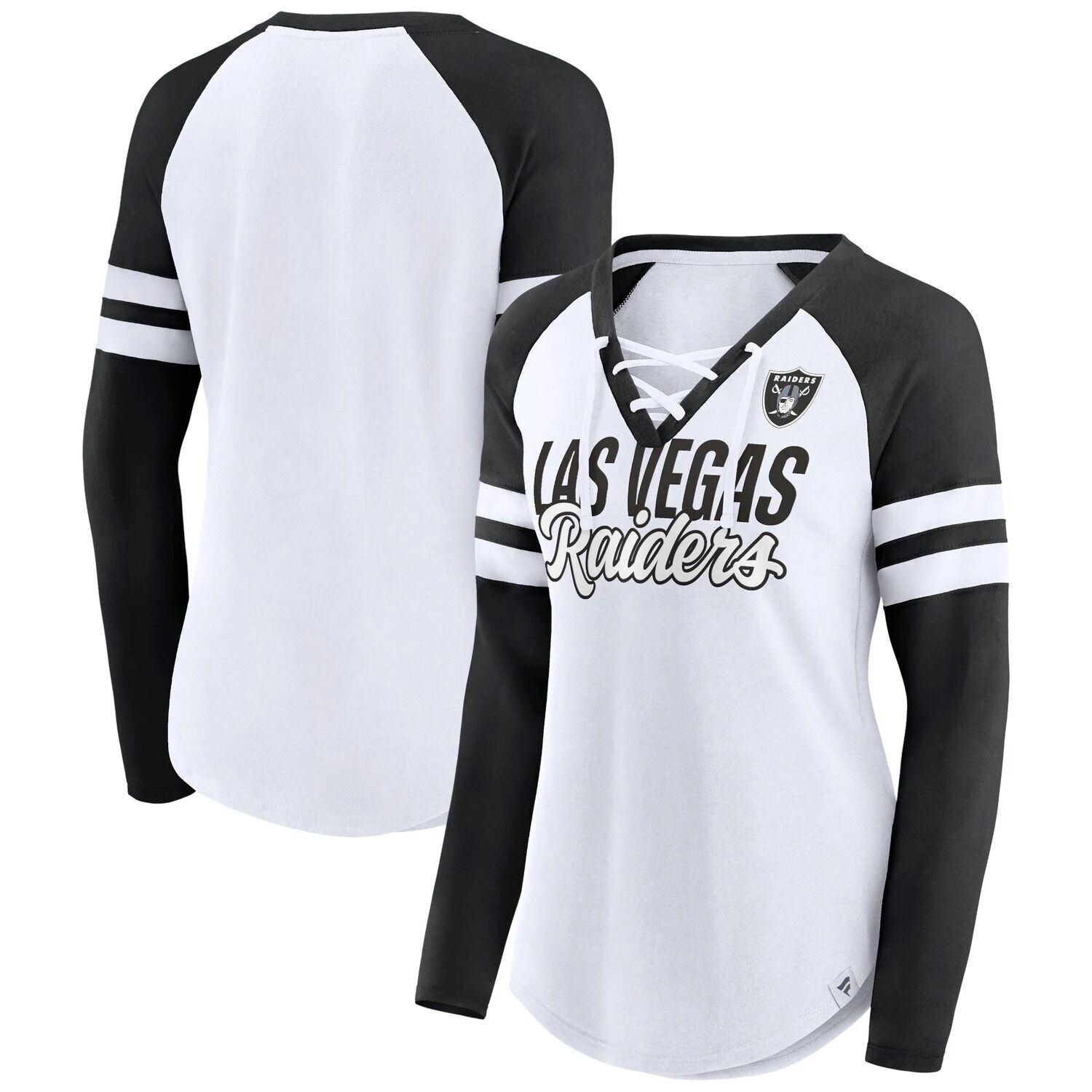 

Женская белая/черная футболка с логотипом Fanatics Las Vegas Raiders True to Form реглан на шнуровке с v-образным вырезом и длинными рукавами Fanatics