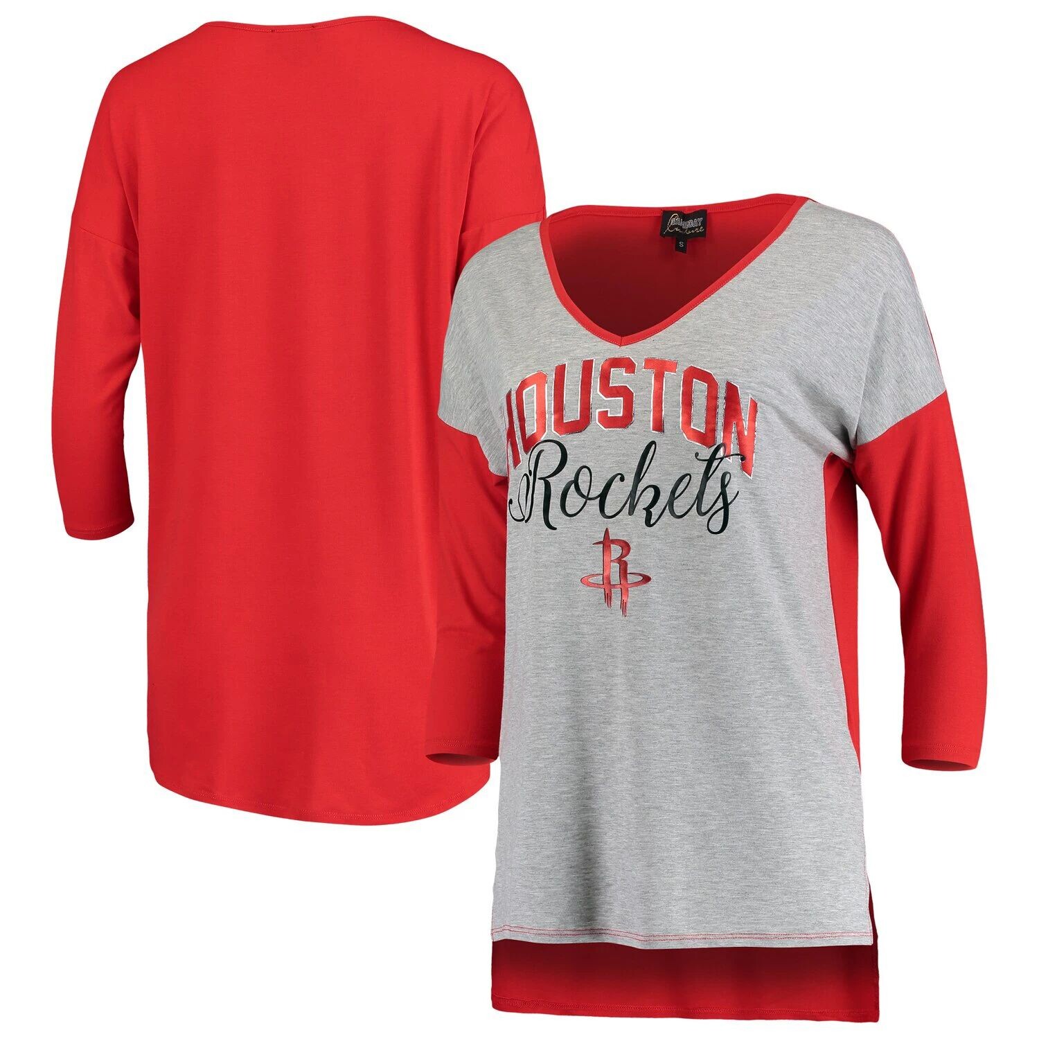 

Женская серая футболка Houston Rockets Meet Your Match с цветными блоками, рукавами 3/4, трехслойная футболка с v-образным вырезом