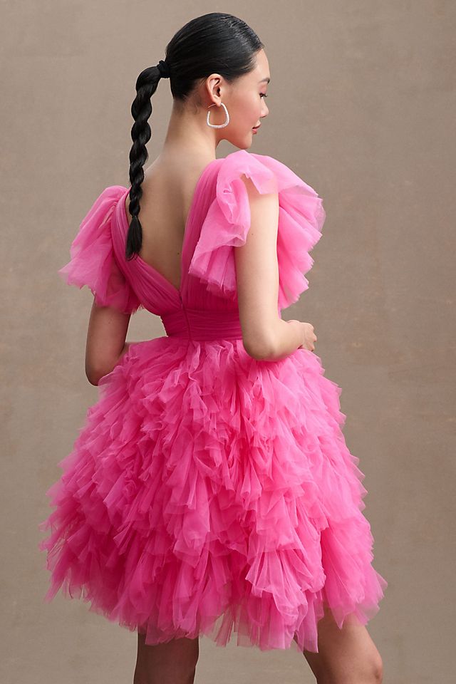 Мини-платье Mac Duggal трапециевидного силуэта с оборками, розовый