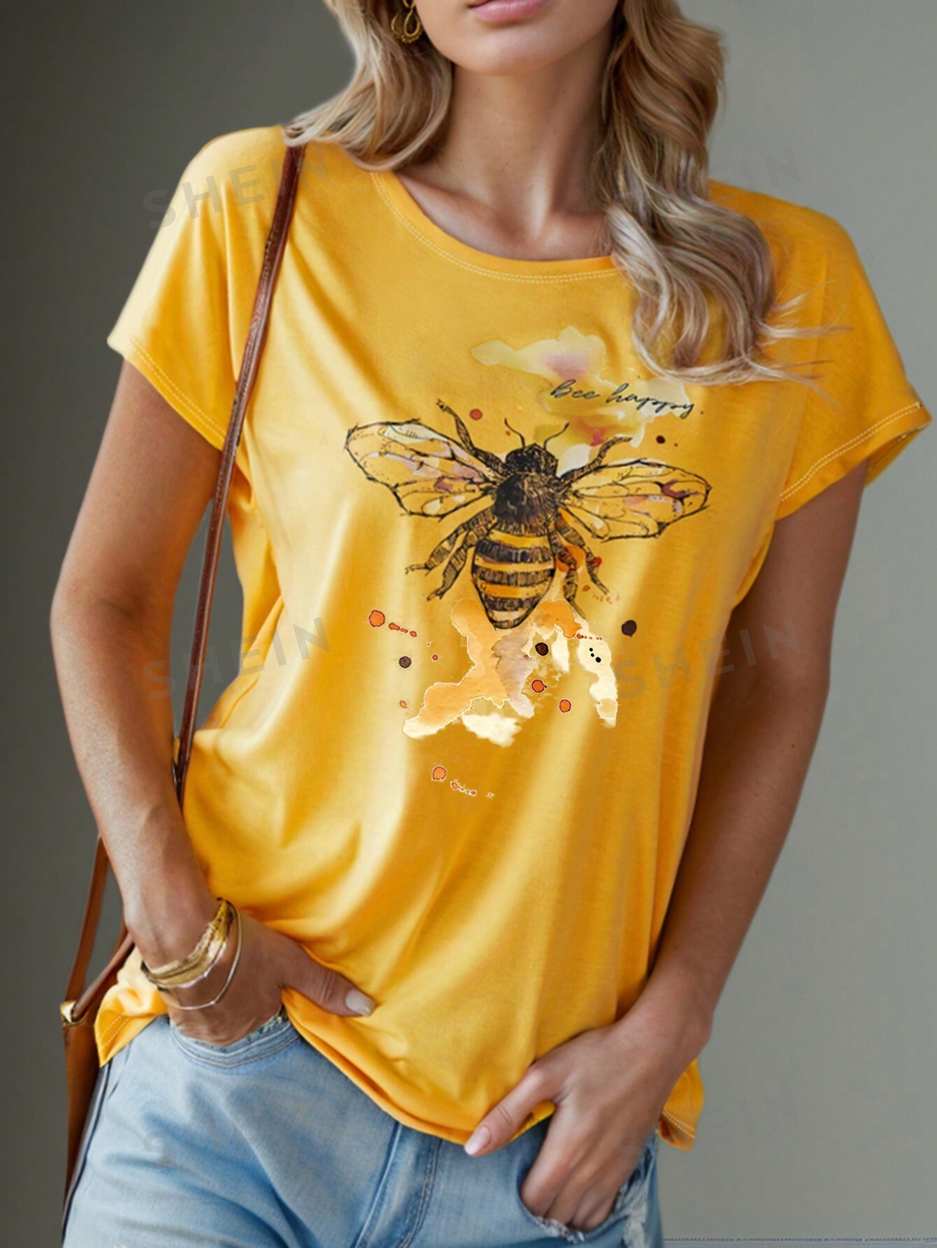 SHEIN LUNE Весенне-летняя женская повседневная футболка с простым принтом в виде пчелы, многоцветный новое поступление 2021 футболка женская футболка с радужным принтом в форме сердца и букв летняя повседневная женская одежда в корейском ст
