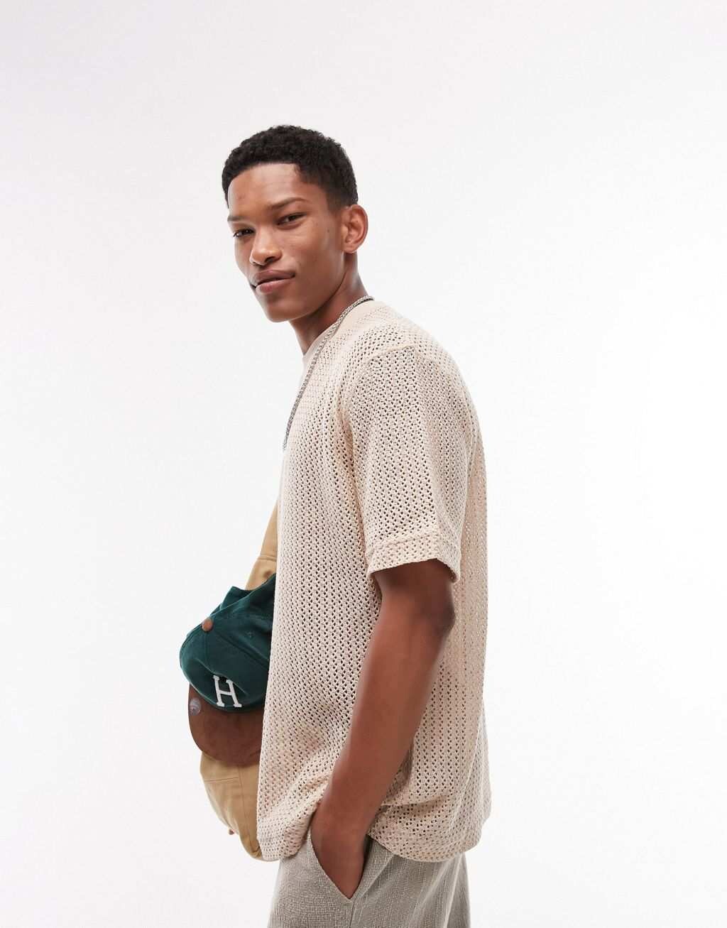 

Футболка оверсайз из хлопковой сетки Topman с камнем