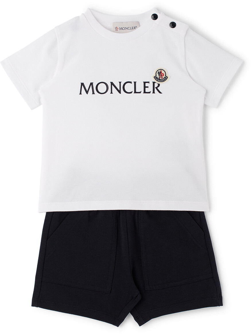 

Baby White & Navy Комплект из футболки и шорт с логотипом Белый/Темно-синий Moncler Enfant