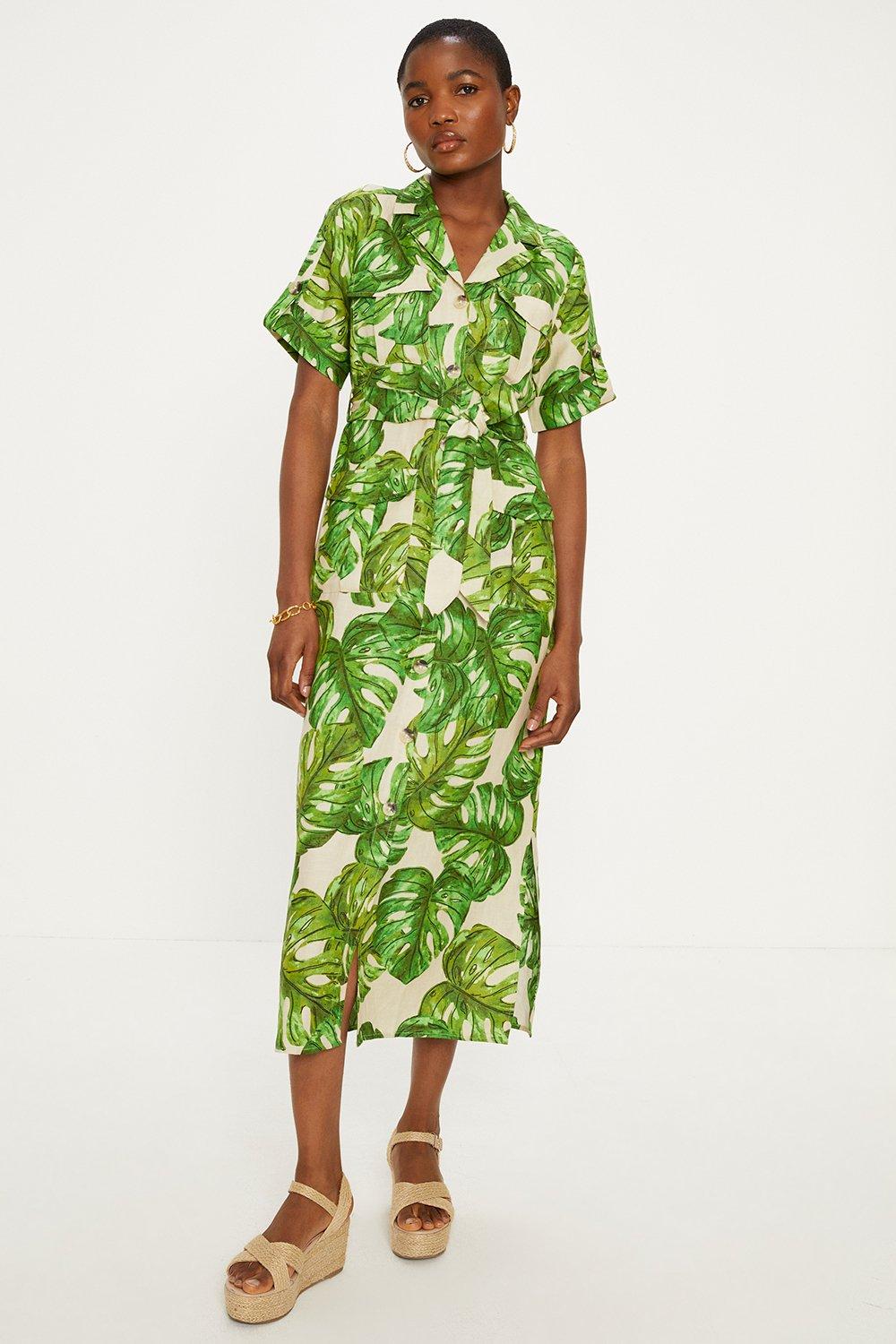 Платье-рубашка миди из льняного микса с пальмовым принтом Oasis, зеленый