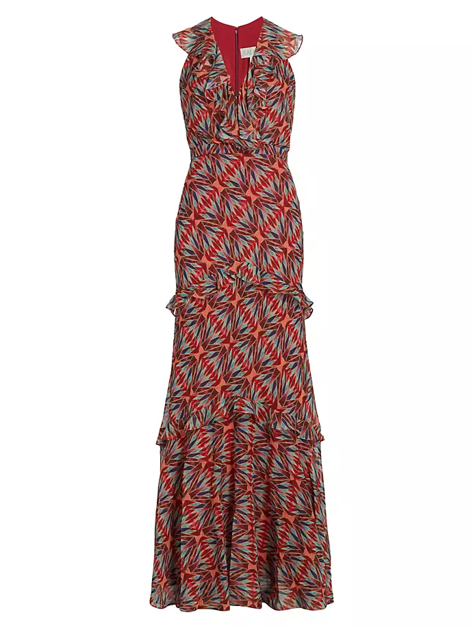 Шелковое платье с рюшами и принтом Rita Saloni, цвет topaz