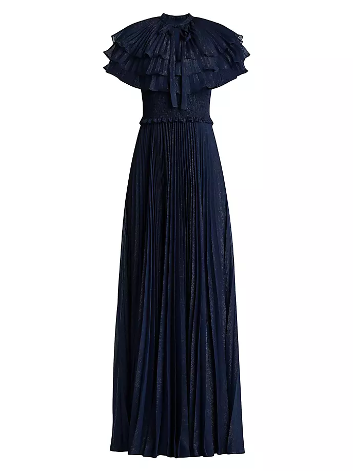 Платье-кейп металлизированного цвета с рюшами Zac Posen, синий