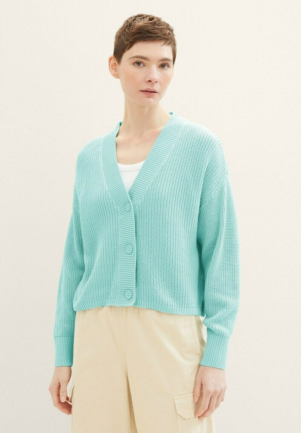 футболка с принтом mit foto tom tailor цвет pastel apple green Кардиган TOM TAILOR DENIM, цвет pastel turquoise