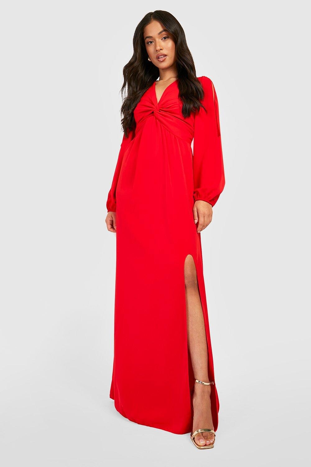 

Платье макси с длинными рукавами petite передом Boohoo, красный