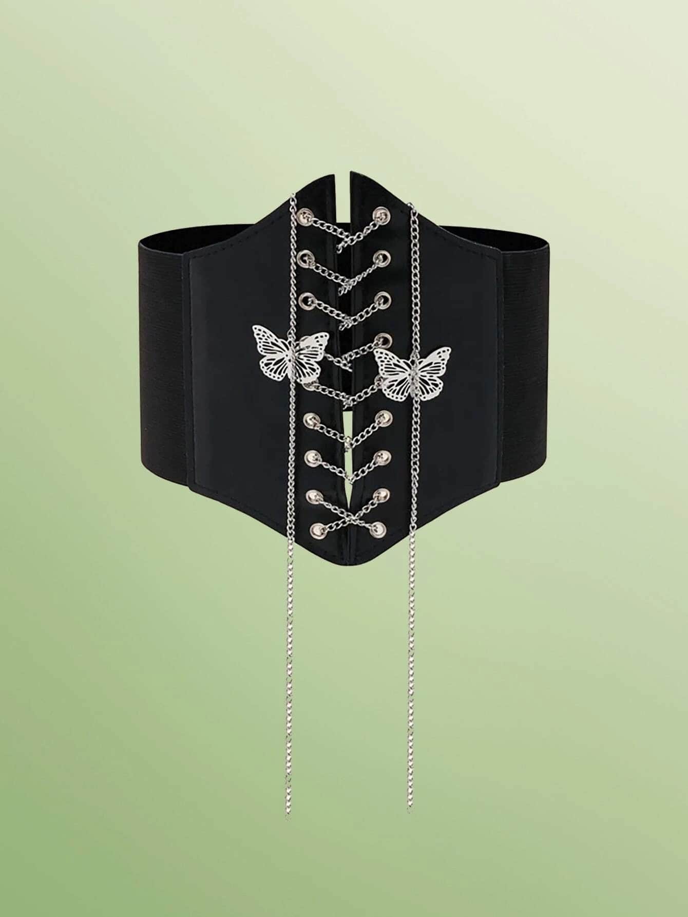 ROMWE Корсетный пояс со шнуровкой и декором в виде бабочки и цепочки, черный