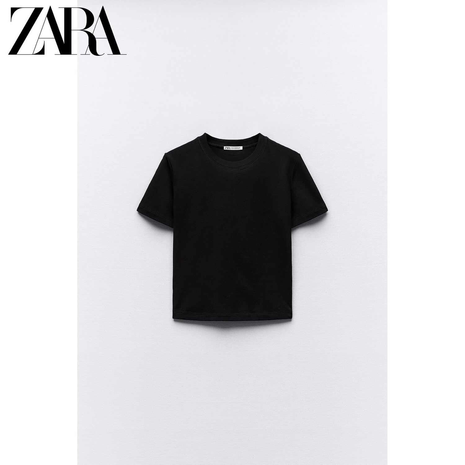 

Футболка облегающая женская Zara с круглым вырезом и короткими рукавами, черный