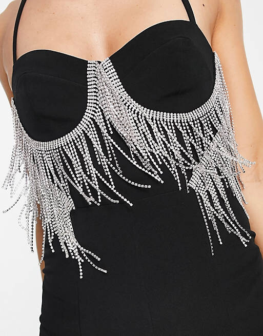 

Черный комбинезон с корсетом и украшенной бахромой ASOS DESIGN