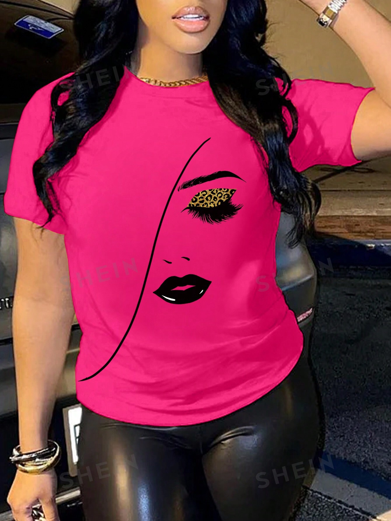 SHEIN Slayr Женская футболка с коротким рукавом и принтом человеческого лица, ярко-розовый женская повседневная футболка с ярким рисунком с коротким рукавом стрейч