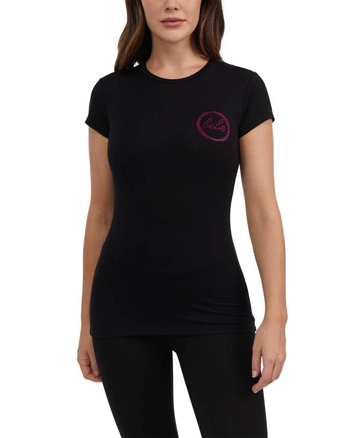 

Женская футболка с коротким рукавом с логотипом и стразами Bebe, цвет Black