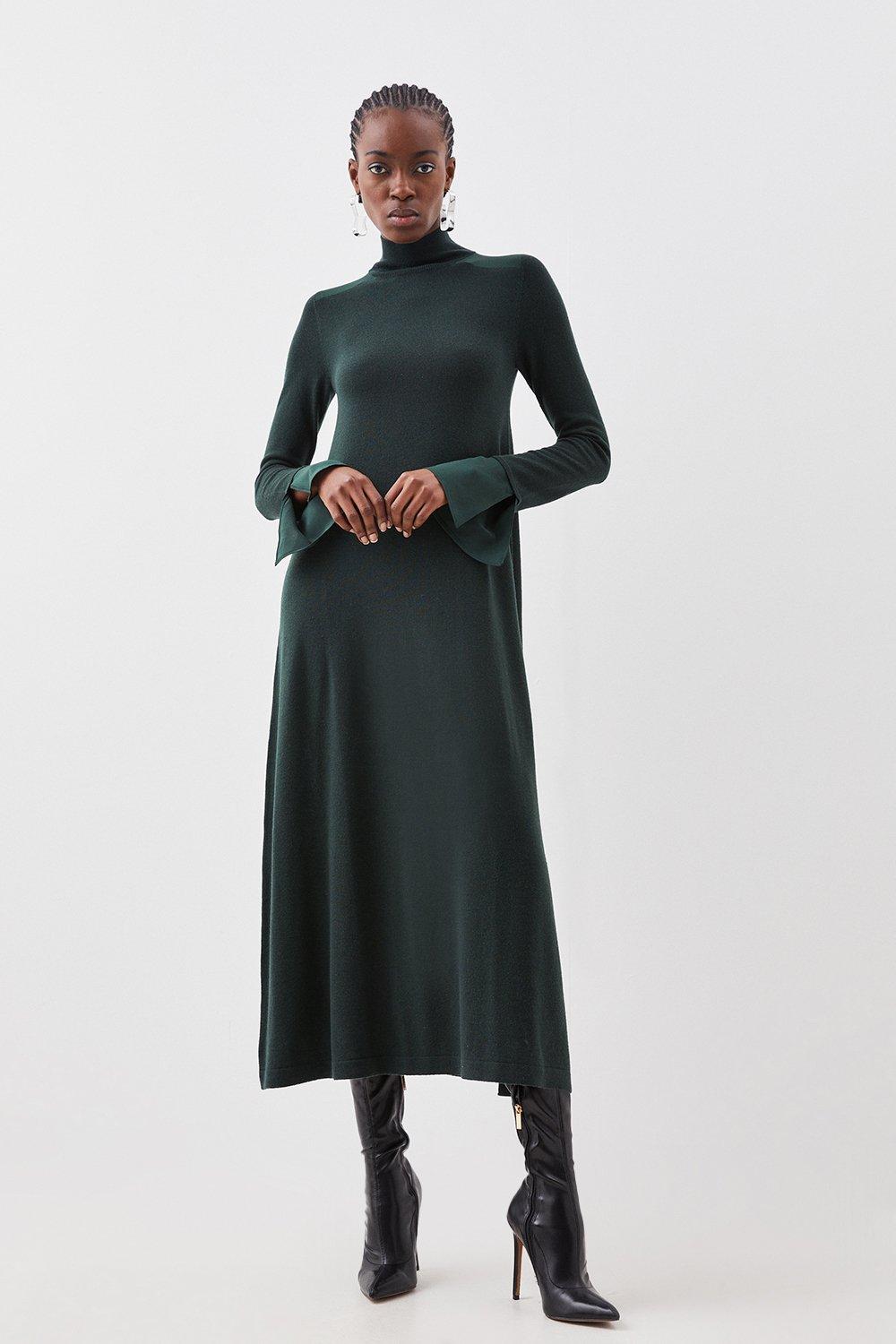 Платье макси из шерсти мериноса с шелковыми манжетами Karen Millen, зеленый