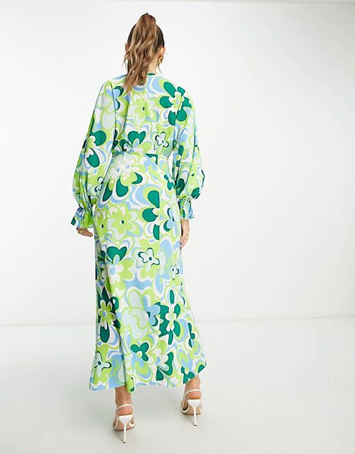 Зеленое платье макси с глубоким вырезом и цветочным принтом в стиле ретро ASOS DESIGN гольфы красные летучая мышь 72 5 см