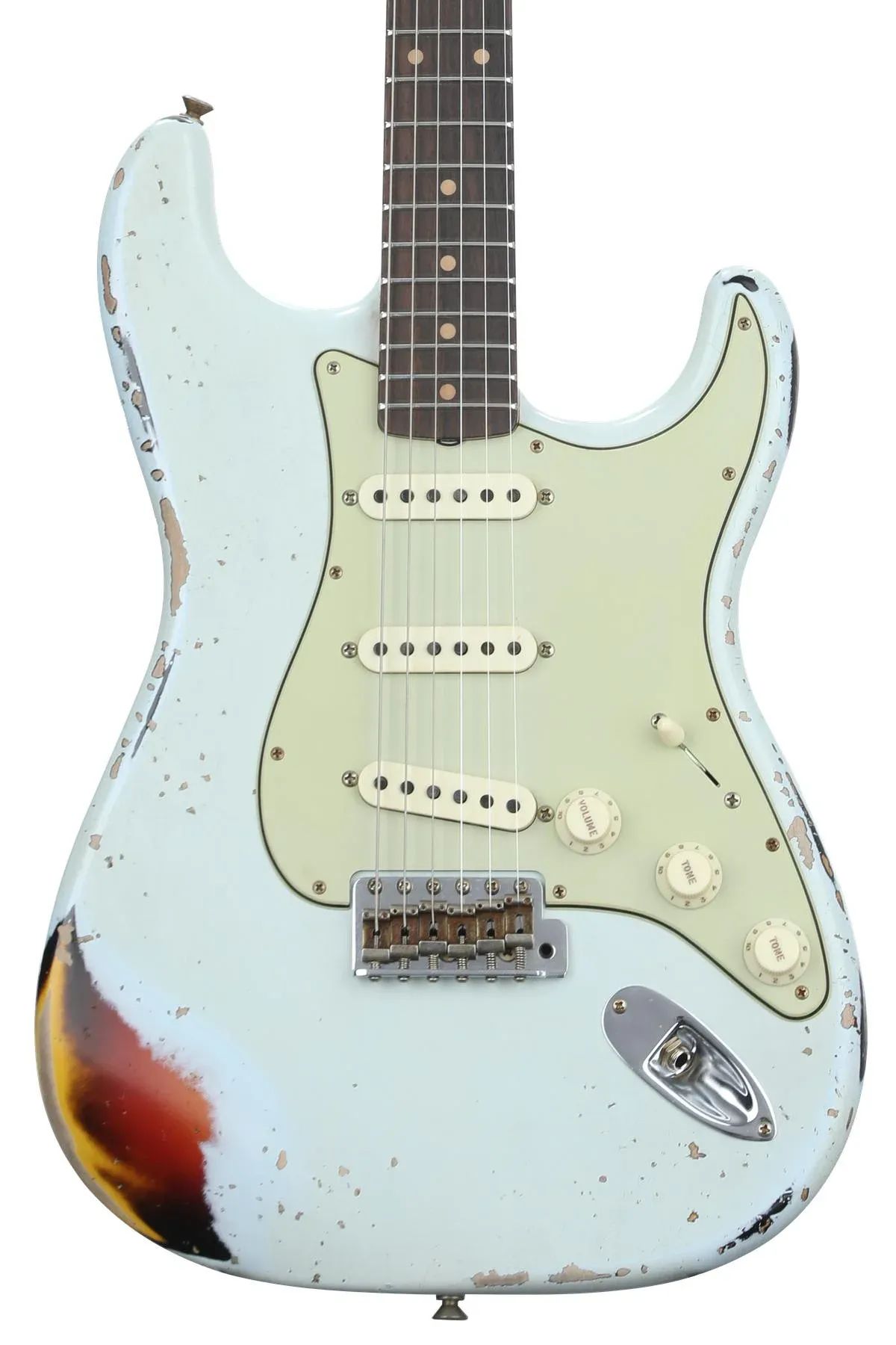 

Новая электрогитара Fender Custom Shop 1960 Stratocaster Heavy Relic — Aged Sonic Blue, трехцветный Sunburst