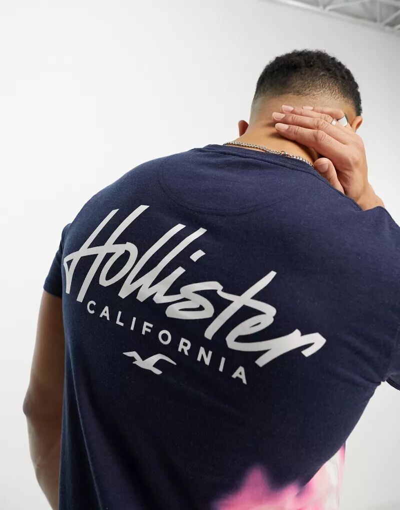 

Синяя удлиненная футболка с эффектом омбре и логотипом на груди и спине Hollister