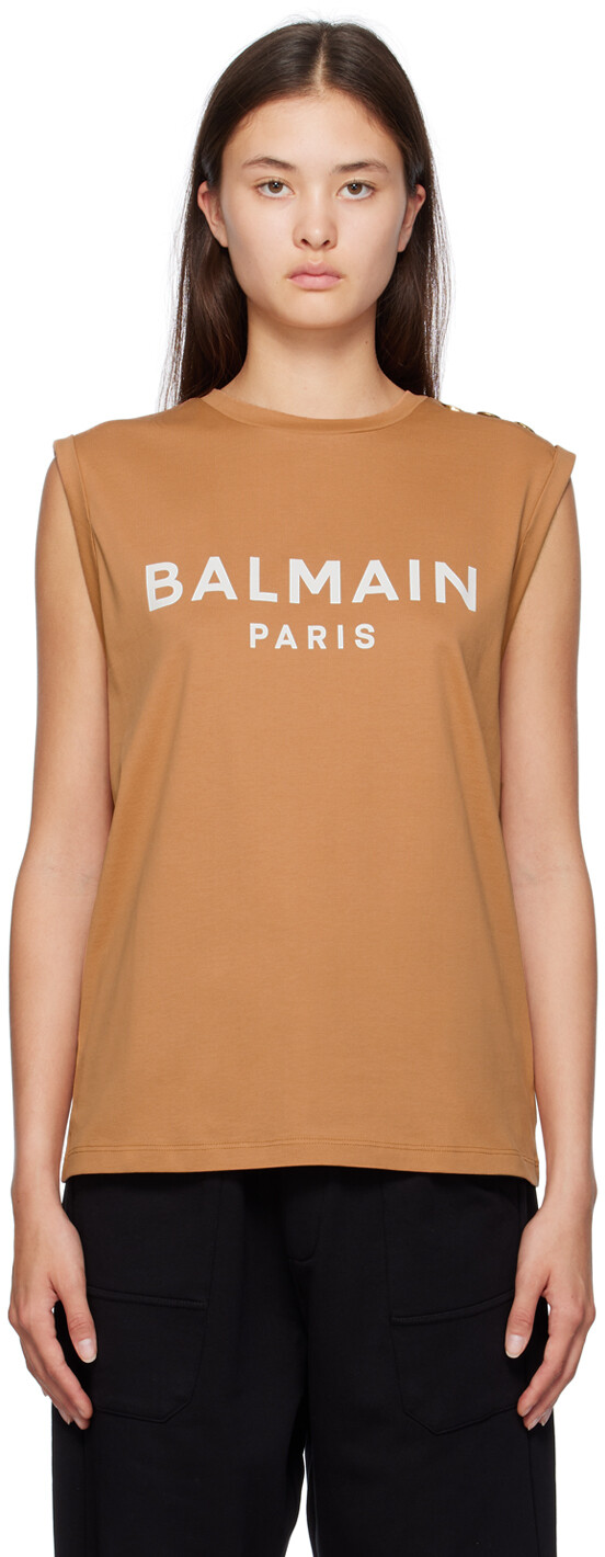 

Коричневая майка с принтом Balmain