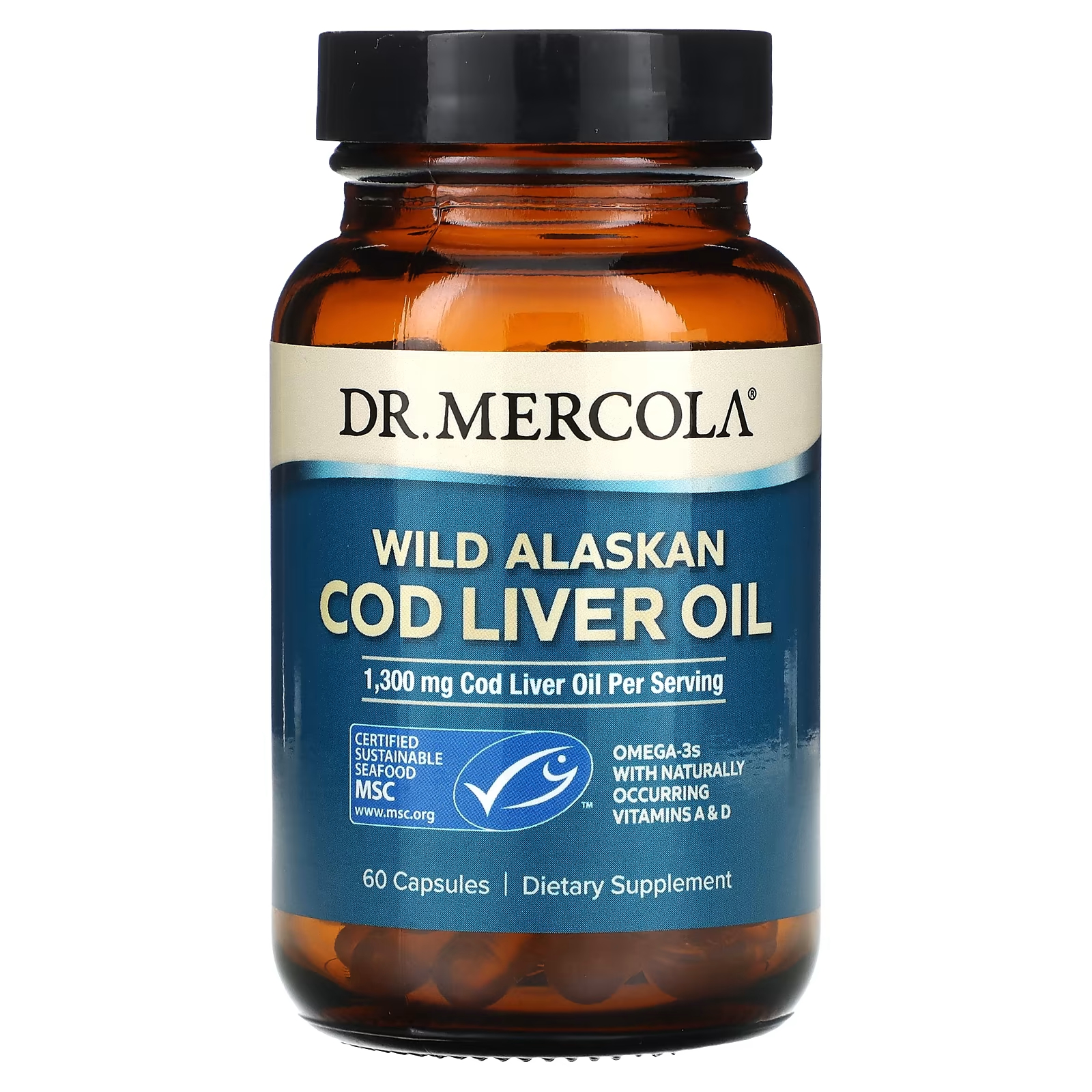 Dr. Mercola Масло печени дикой аляскинской трески 1300 мг 60 капсул (650 мг на капсулу)