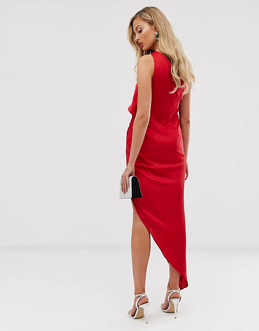 Красное атласное платье миди с драпировкой на одно плечо ASOS DESIGN