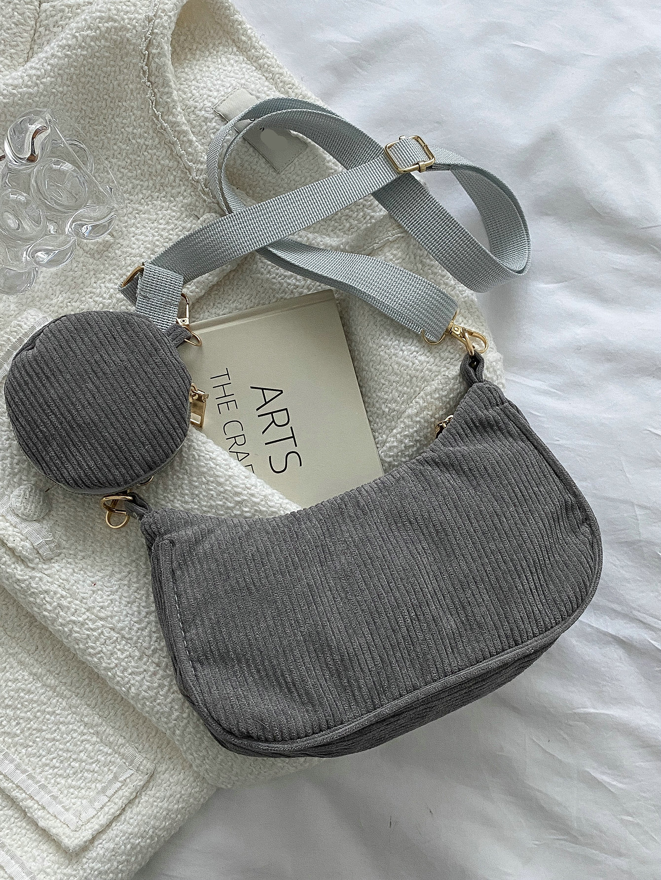 Мини-вельветовая сумка-хобо с портмоне для монет, серый