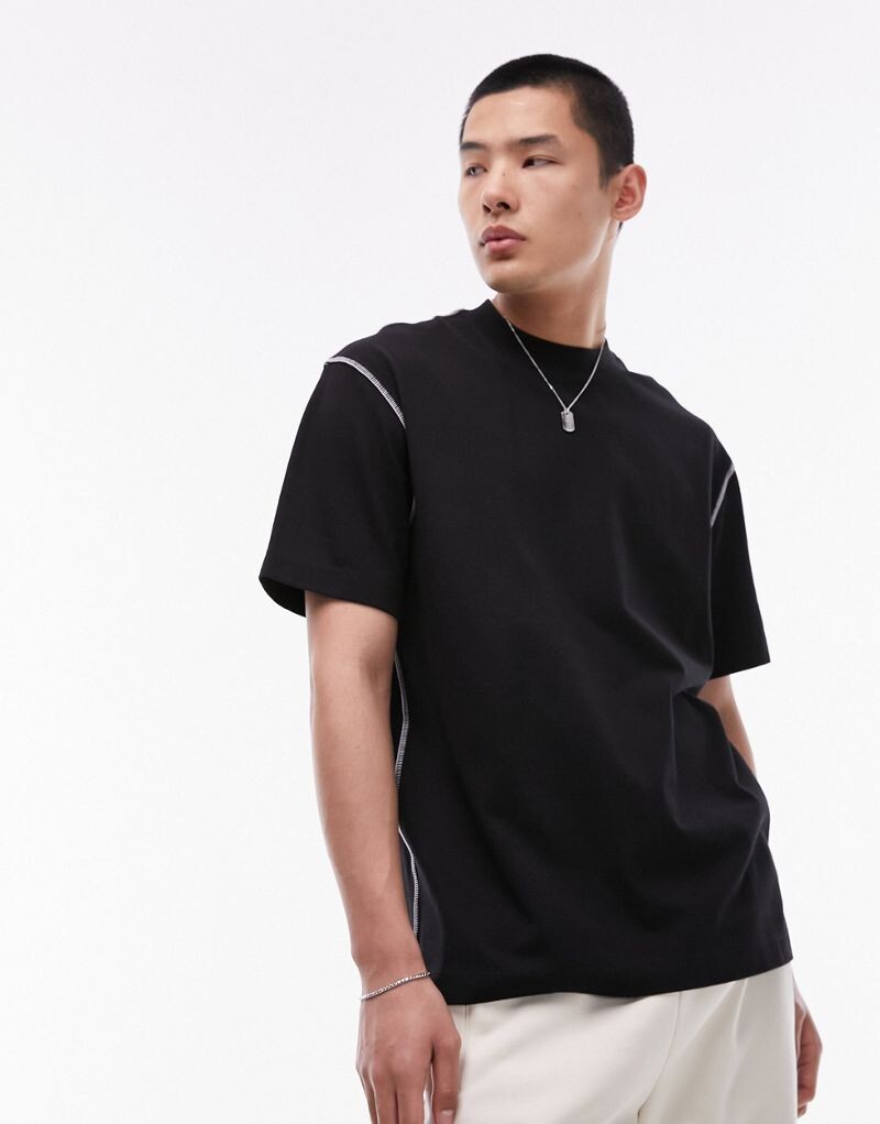

Черная футболка оверсайз с контрастной строчкой Topman