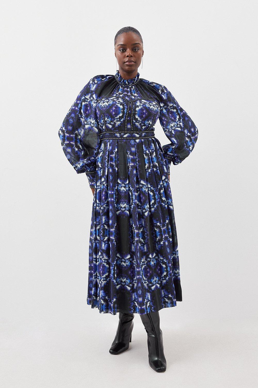цена Плюс размер Тканое платье миди с принтом из шелкового хлопка и каймы Karen Millen, синий