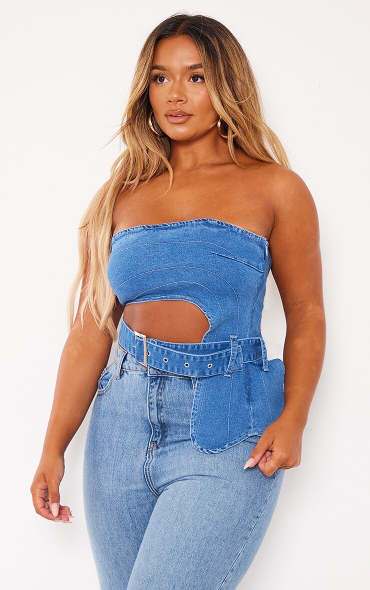 

PrettyLittleThing Джинсовый топ кислотно-синего цвета с вырезами и пряжкой
